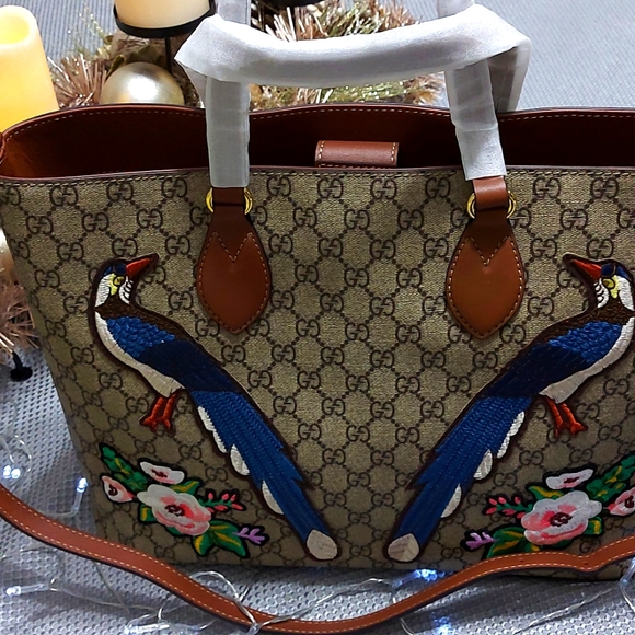 Gucci GG Supreme Peacock Brown Tote Leather Floral Bag Bird Handbag - Picture 10 of 12
